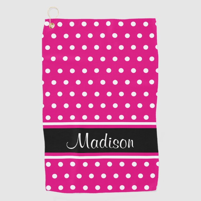 Hot Pink White Polka Dot Black Strip Skript Name Golfhandtuch (Vorderseite)