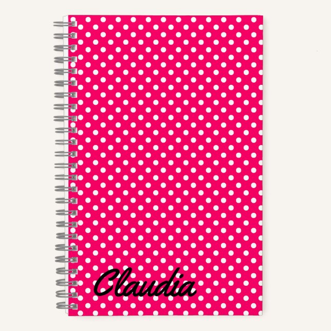 Hot Pink White Polka Dots Name Power Bank Notizbuch (Vorderseite)