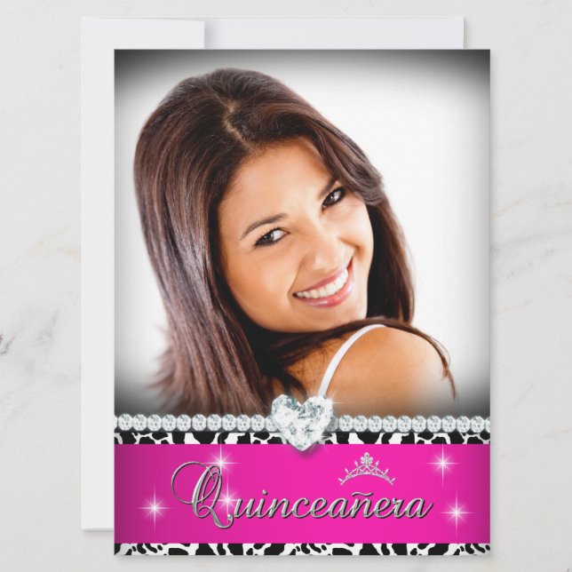 Hot Pink White Quinceanera 15 Diamond Image Foto Einladung (Vorderseite)