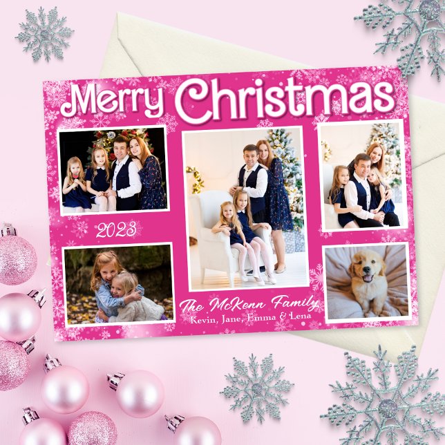 Hot Pink & White Snowflakes Weihnachtskarte Feiertagskarte (Hot pink Christmas card with white snowflakes.)