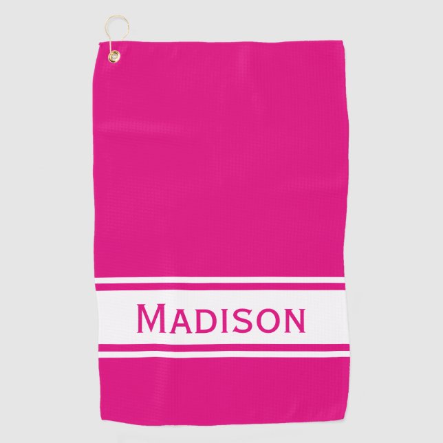 Hot Pink White Strip Modern Name Monogram Golfhandtuch (Vorderseite)
