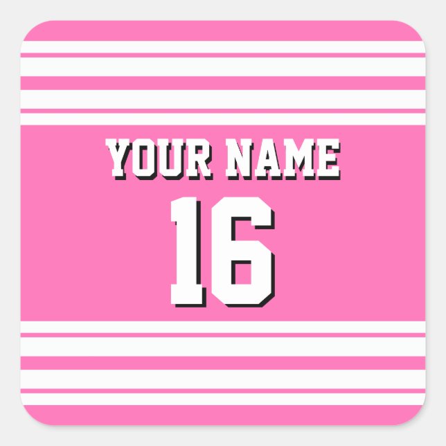 Hot Pink White Team Jersey Name Quadratischer Aufkleber (Vorderseite)