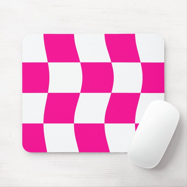 Hot Pink White Wavy Checkerboard Muster Mousepad (Mit Mouse)