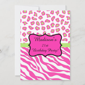 Hot Pink White Zebra Leopard 21. Geburtstag Party Einladung