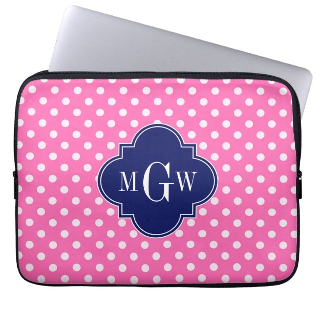 Hot Pink WhPolka Dots Navy Quarzfolie 3 Monogramm Laptopschutzhülle (Vorderseite)