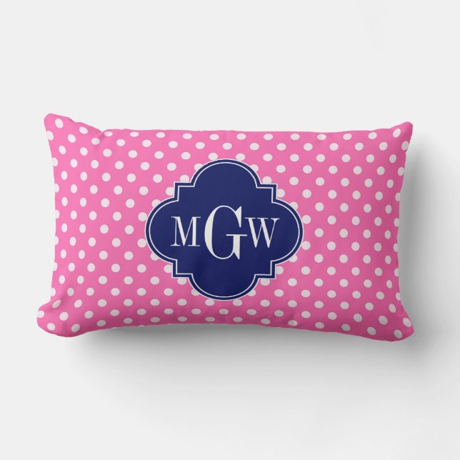 Hot Pink WhPolka Dots Navy Quarzfolie 3 Monogramm Lendenkissen (Vorderseite)