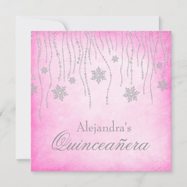 Hot Pink Winter Wonderland Schneeflocken Quinceane Einladung (Vorderseite)