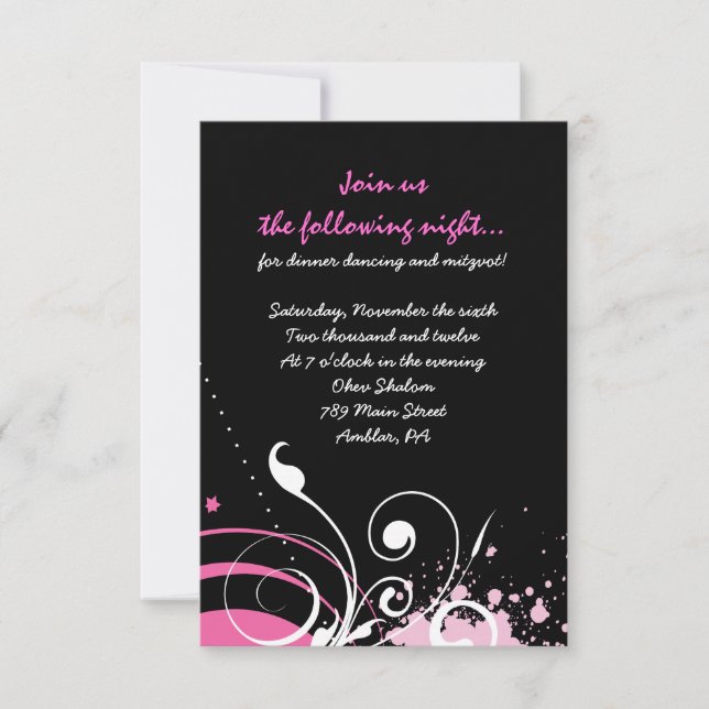 HOT PINK WIRBEL & STARS Bat Mitzvah Party Card Einladung (Vorderseite)