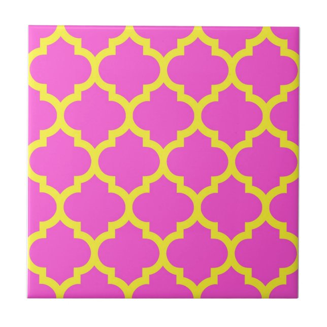 Hot Pink Yellow marokkanisches Quatrefolienmuster  Fliese (Vorderseite)