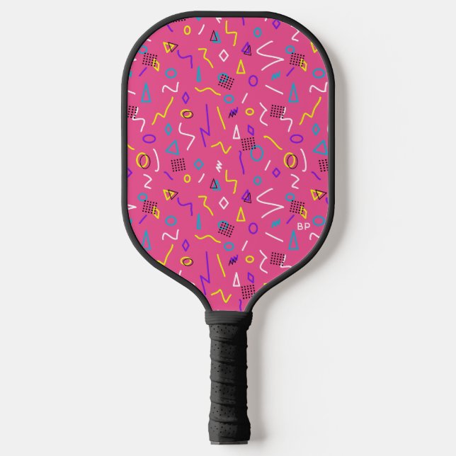 Hot Pink Yellow White Squiggles Pattern der 1980er Pickleball Schläger (Vorderseite)
