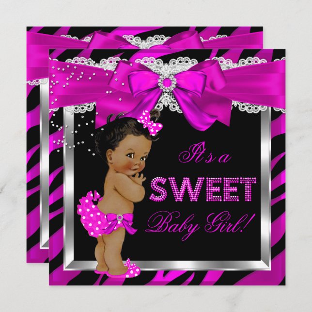 Hot Pink Zebra Baby Shower Girl Afroamerikaner Einladung (Vorne/Hinten)