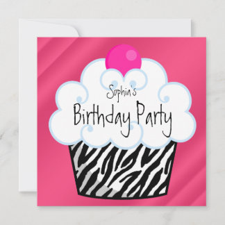 Hot Pink Zebra Girls Cupcake Geburtstagsparty Einladung