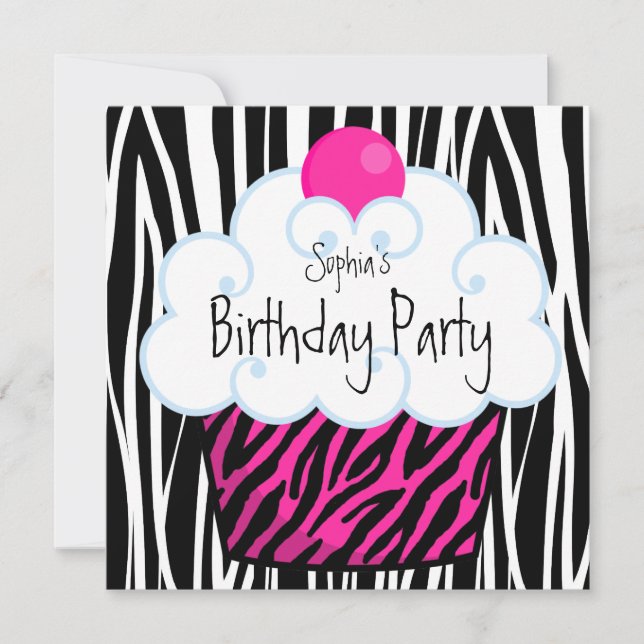 Hot Pink Zebra Girls Cupcake Geburtstagsparty Einladung (Vorderseite)