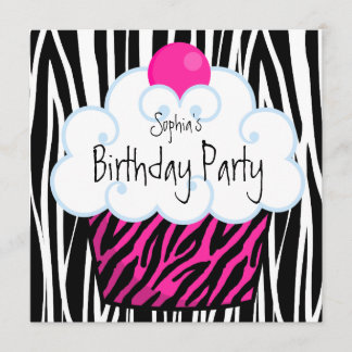 Hot Pink Zebra Girls Cupcake Geburtstagsparty Einladung