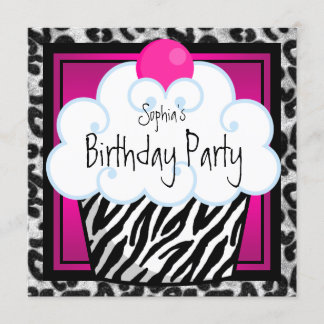 Hot Pink Zebra Girls Cupcake Geburtstagsparty Einladung