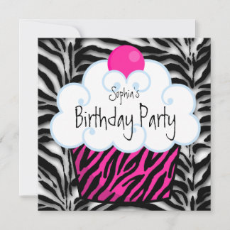 Hot Pink Zebra Girls Cupcake Geburtstagsparty Einladung