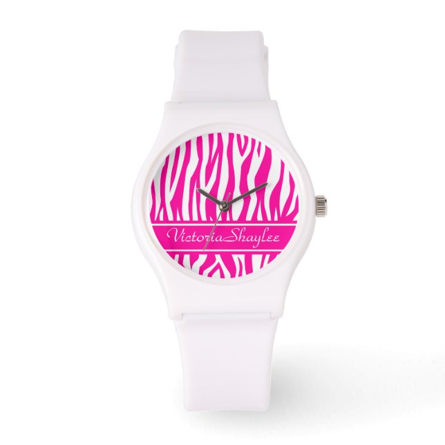 Hot Pink Zebra Print mit benutzerdefiniertem Text Armbanduhr (Vorderseite)