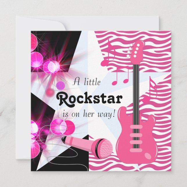 Hot Pink Zebra Rockstar Baby Girl Dusche Einladung (Vorderseite)