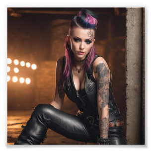 Hot Punk Tattoo Girl in Leather im Tanzstudio Fotodruck