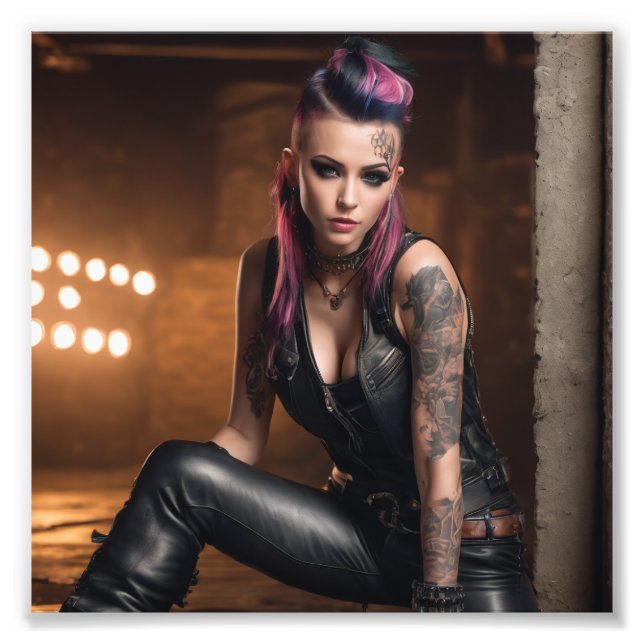 Hot Punk Tattoo Girl in Leather im Tanzstudio Fotodruck (Vorne)