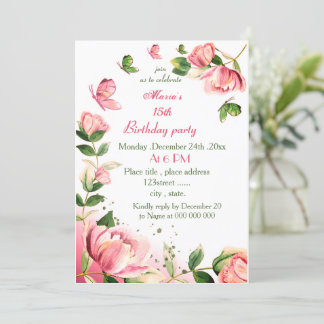 Hot-Rosa-Blume Blätter Schmetterlinge Geburtstagsp Einladung