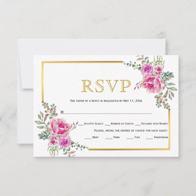 Hot-Rosa-Blume, Goldrahmen Hochzeitskarte RSVP (Vorderseite)
