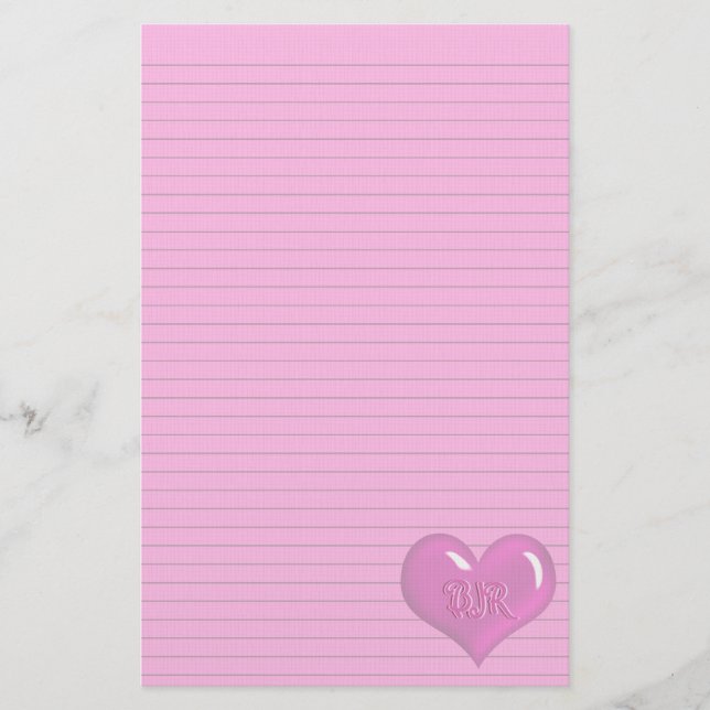 Hot-Rosa-Heart-Monogram-Option Briefpapier (Vorderseite)