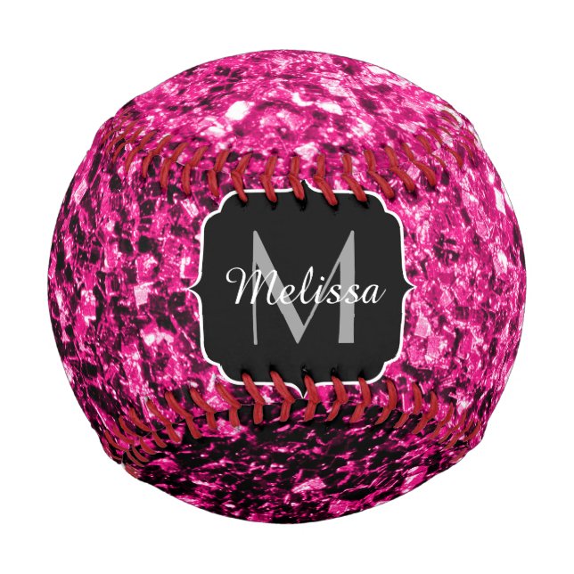 Hot-Rosa-Imitat Glitzer Funkeln Monogramm-Name Baseball (Vorderseite)