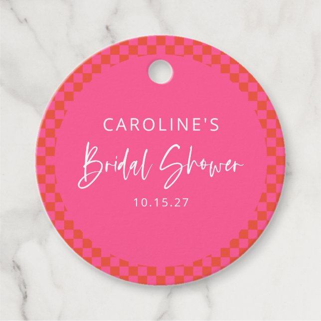 Hot Rosa Orange Retro Checkerboard-Brautparty Geschenkanhänger (Vorderseite)