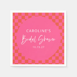 Hot Rosa Orange Retro Checkerboard-Brautparty Serviette