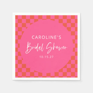 Hot Rosa Orange Retro Checkerboard-Brautparty Serviette