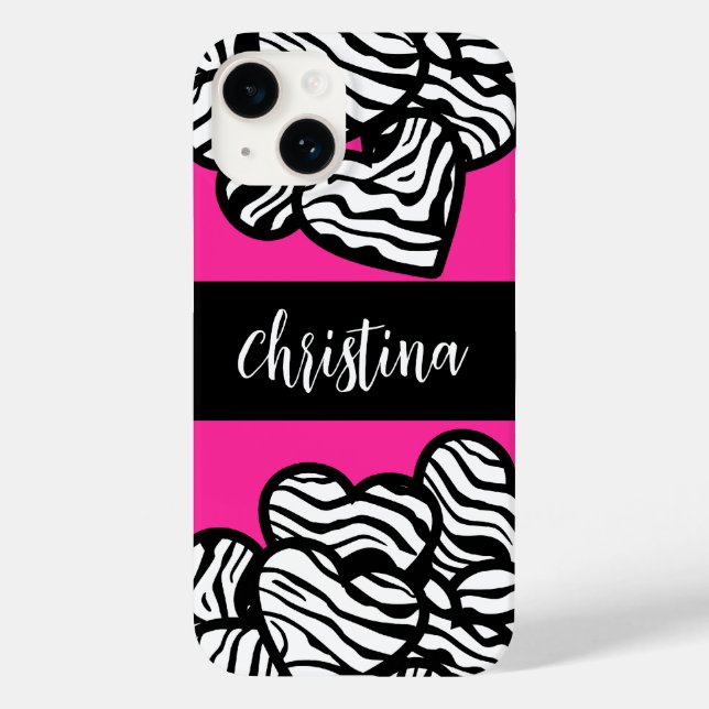 Hot rosa Schwarz-Weiß-Zebra-Muster Herzname Case-Mate iPhone Hülle (Rückseite)