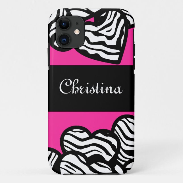Hot rosa Schwarz-Weiß-Zebra-Muster Herzname Case-Mate iPhone Hülle (Rückseite)