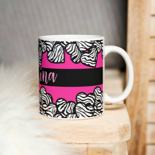 Hot rosa Schwarz-Weiß-Zebra-Muster Herzname Kaffeetasse
