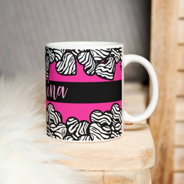 Hot rosa Schwarz-Weiß-Zebra-Muster Herzname Kaffeetasse (Von Creator hochgeladen)