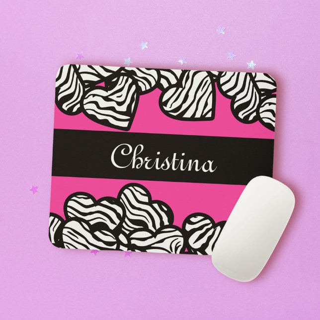 Hot rosa Schwarz-Weiß-Zebra-Muster Herzname Mousepad (Von Creator hochgeladen)
