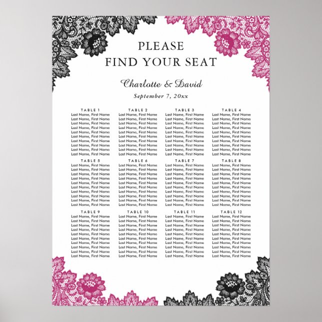 Hot Rosa und Black Wedding Seating Chart 12 Poster (Vorne)