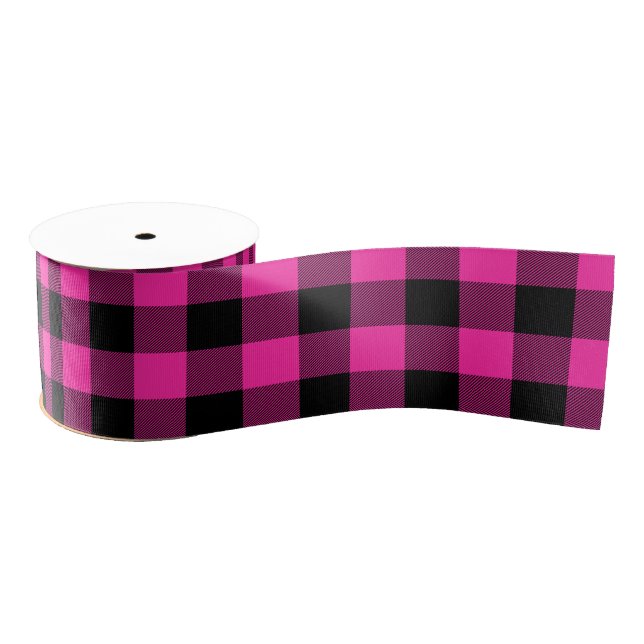 Hot Rose Rosa und Black Buffalo Kariert Ripsband (Spule)