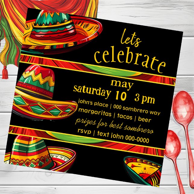 Hot Sombrero | Rot-Gelb-Grün | Fiesta Themed Einladung (Bold colors for cinco de mayo birthday party celebrations for him and her customizable invite. )