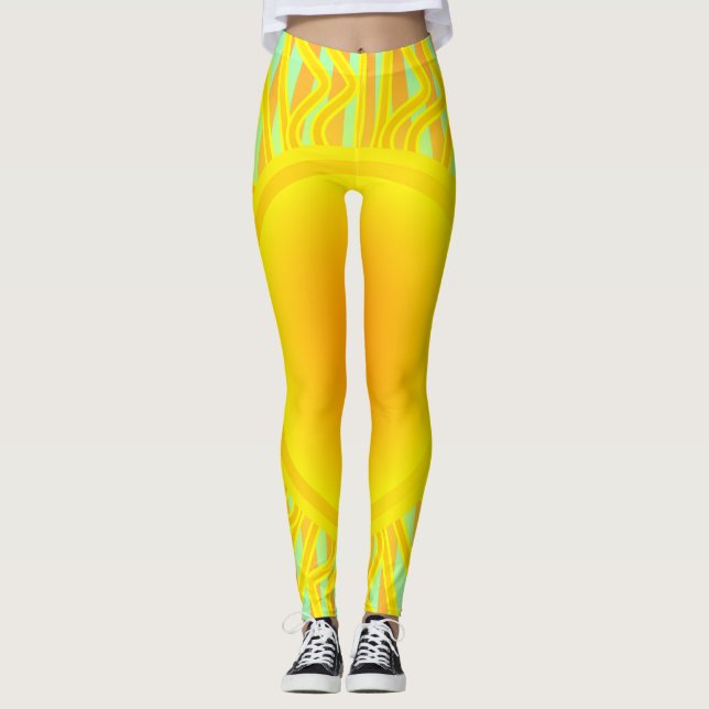 Hot Sun mit Regenwetter auf Aqua & Orange Streifen Leggings (Vorderseite)