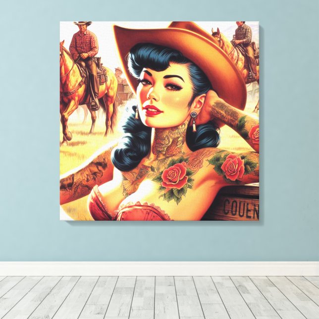 Hot Tattoo Cowgirl Leinwanddruck (Insitu (Holzboden))