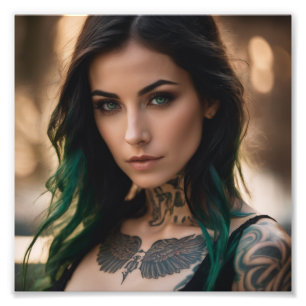 Hot Tattoo Girl Black Green Ombre Hair Fotodruck