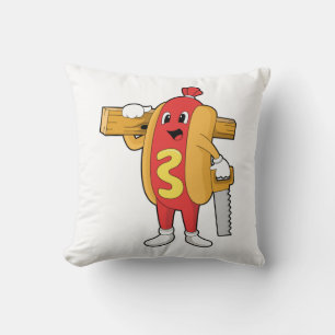 Hotdog als Carpenter mit Säge und Holz Kissen