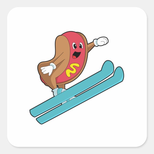 Hotdog als Ski-Jumper mit Ski.PNG Quadratischer Aufkleber (Vorderseite)