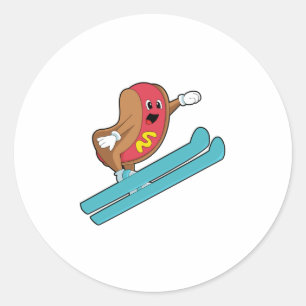 Hotdog als Ski-Jumper mit Ski.PNG Runder Aufkleber