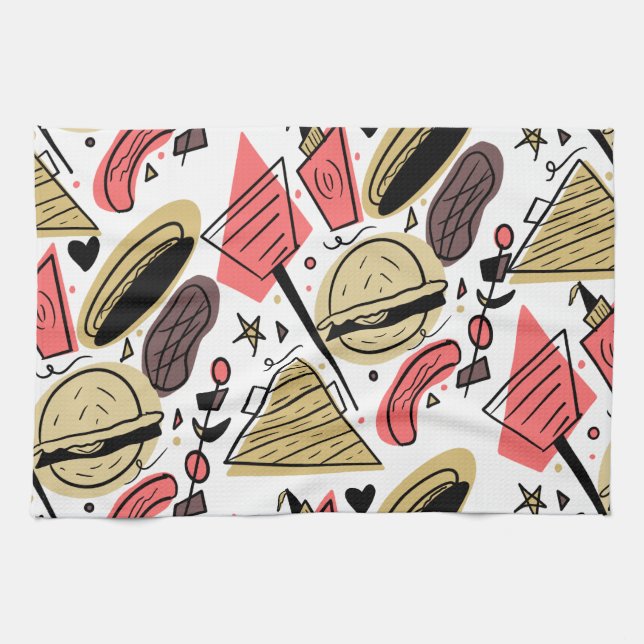 Hotdog Burger Doodle GRILLEN Birthday Pattern Geschirrtuch (Horizontal)