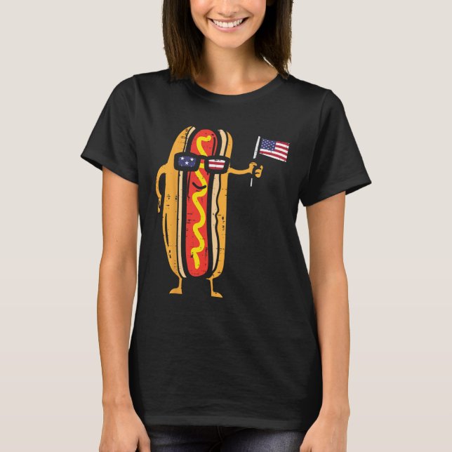 Hotdog sungles American Flag USA Funny 4. Juli T-Shirt (Vorderseite)