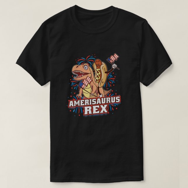 Hotdog T Rex Dinosaur 4. Juli Amerisaurus Funn T-Shirt (Design vorne)