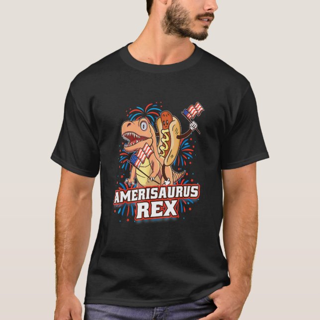 Hotdog T Rex Dinosaur 4th of July Amerisaurus Funn T-Shirt (Vorderseite)