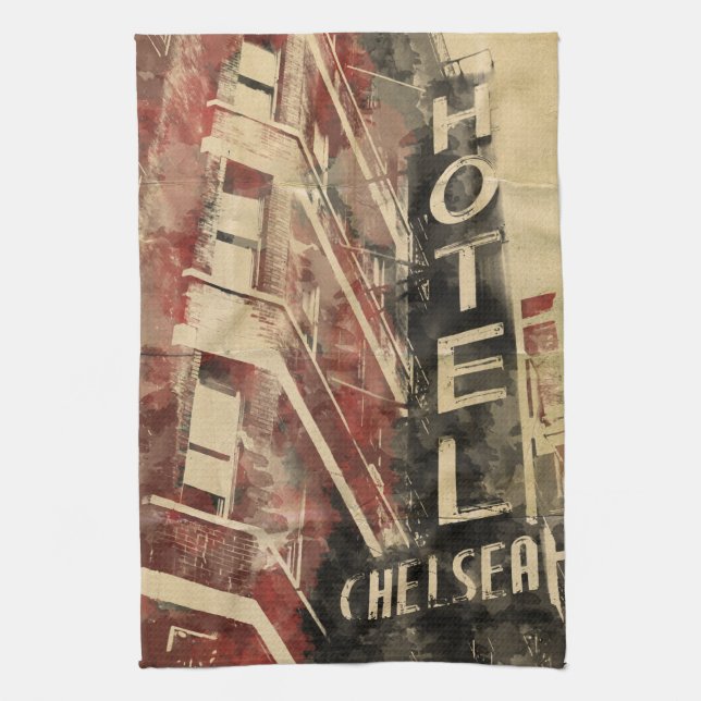 Hotel Chelsea Watercolor Kunst, Dichtung und Musik Geschirrtuch (Vertikal)